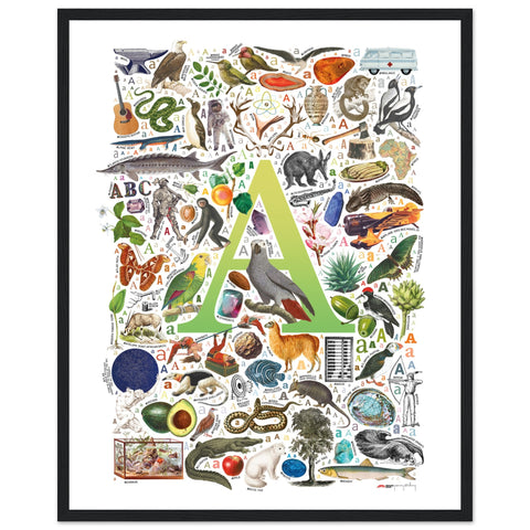 "A is for Adventure" — a Renard Roux alphabet poster with English A words (chartreuse version)