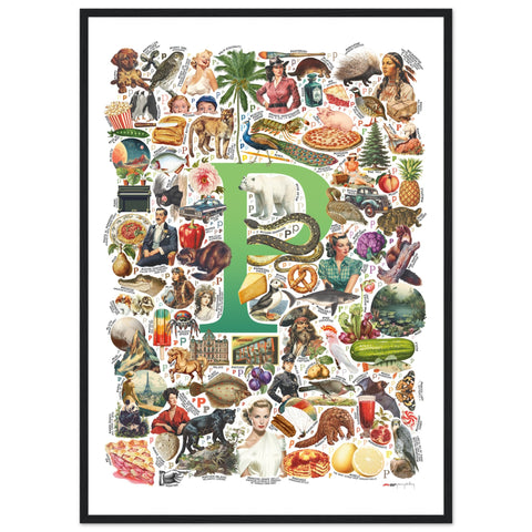"P is for Pioneer" — a Renard Roux alphabet poster with English P words (green version)