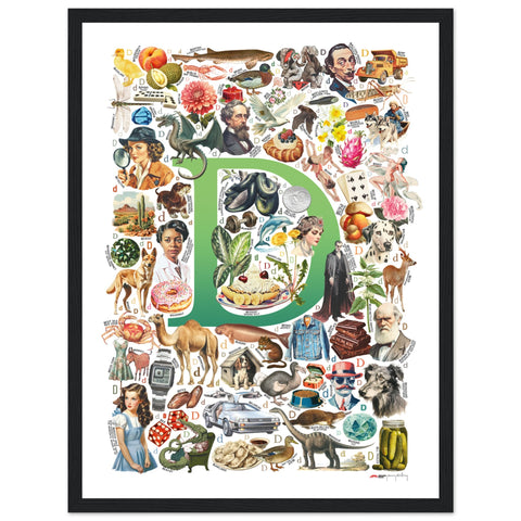 "D is for Discovery" — a Renard Roux alphabet poster with English D words (green version)