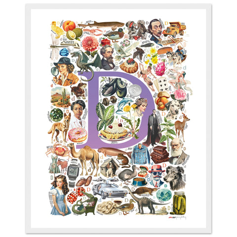 "D is for Discovery" — a Renard Roux alphabet poster with English D words (purple version)