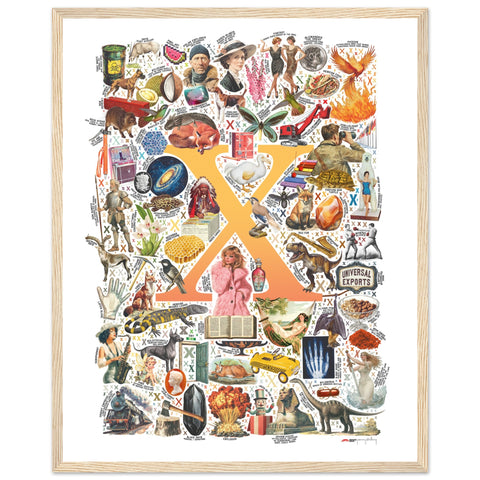 "X is for Xanadu" — a Renard Roux alphabet poster with English X words (yellow version)