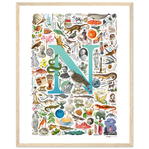 "N is for Nature" — a Renard Roux alphabet poster with English N words (turquoise version)