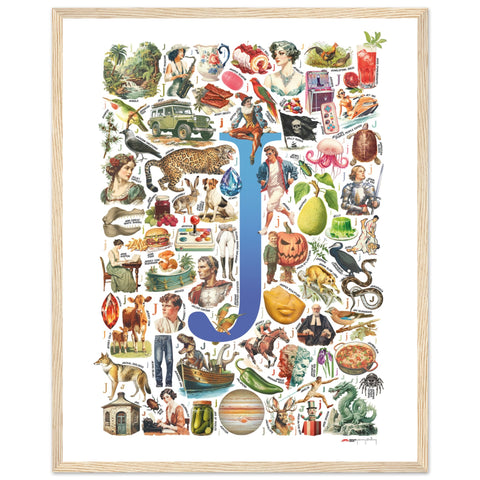 "J is for Journey" — a Renard Roux alphabet poster with English J words (blue version)