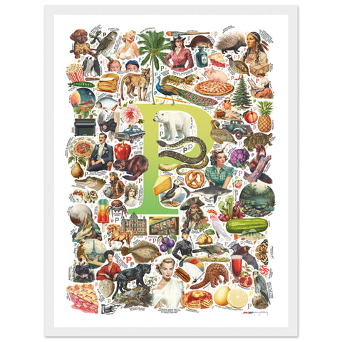 "P is for Pioneer" — a Renard Roux alphabet poster with English P words (chartreuse version)