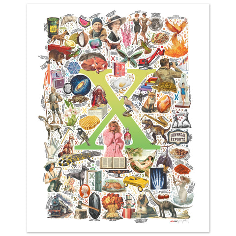 "X is for Xanadu" — a Renard Roux alphabet poster with English X words (chartreuse version)