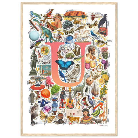 "U is for Unique" — a Renard Roux alphabet poster with English U words (red version)