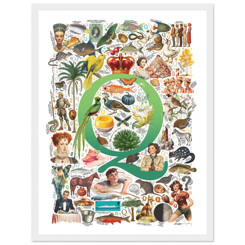 "Q is for Quest" — a Renard Roux alphabet poster with English Q words (green version)