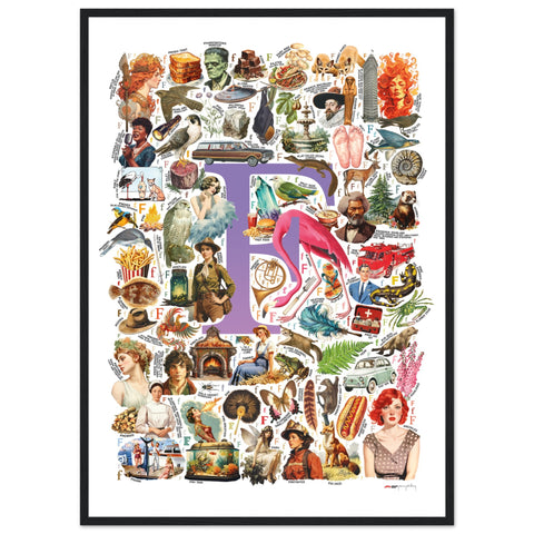 "F is for Festive" — a Renard Roux alphabet poster with English F words (purple version)