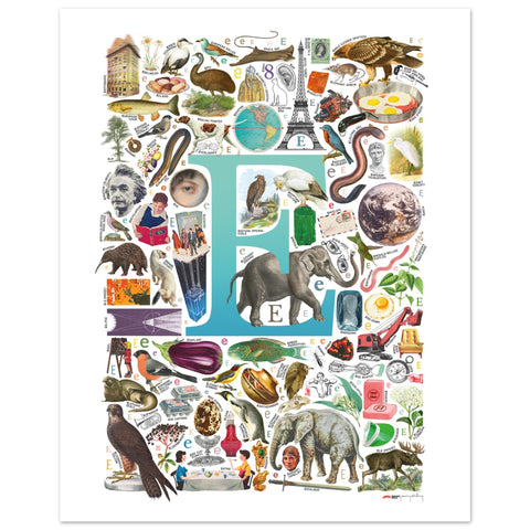 "E is for Explore" — a Renard Roux alphabet poster with English E words (turquoise version)