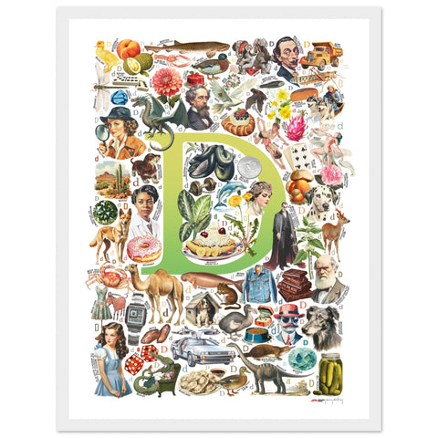 "D is for Discovery" — a Renard Roux alphabet poster with English D words (chartreuse version)