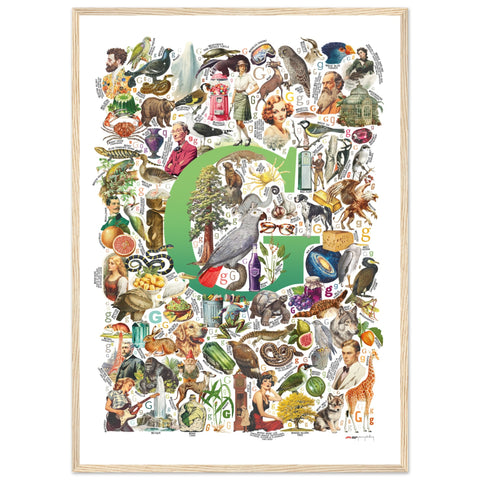 "G is for Great" — a Renard Roux alphabet poster with English G words (green version)