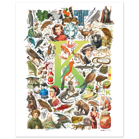 "K is for Keen" — a Renard Roux alphabet poster with English K words (chartreuse version)