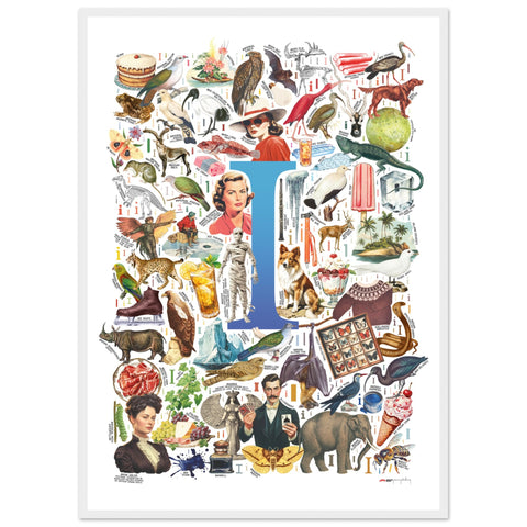 "I is for Imagination" — a Renard Roux alphabet poster with English I words (blue version)