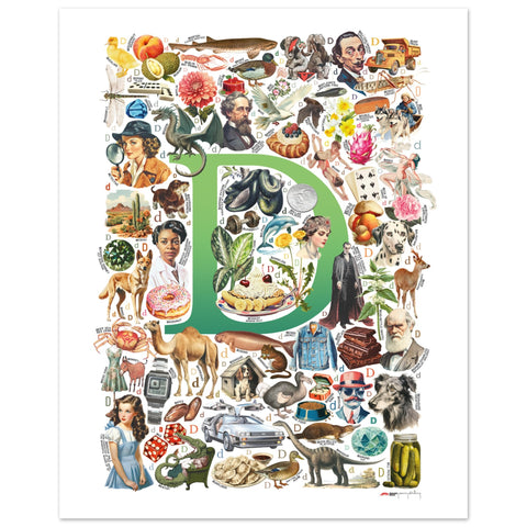 "D is for Discovery" — a Renard Roux alphabet poster with English D words (green version)