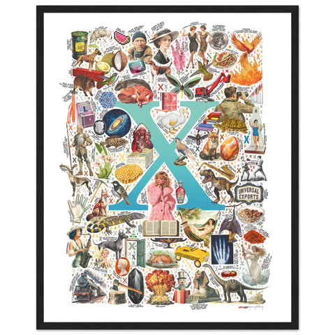 "X is for Xanadu" — a Renard Roux alphabet poster with English X words (turquoise version)