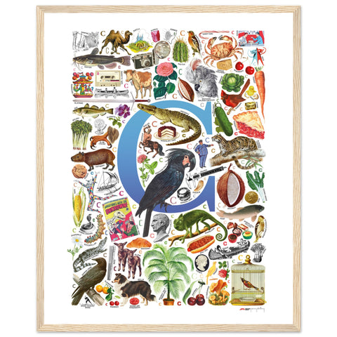 "C is for Curious" — a Renard Roux alphabet poster with English C words (blue version)