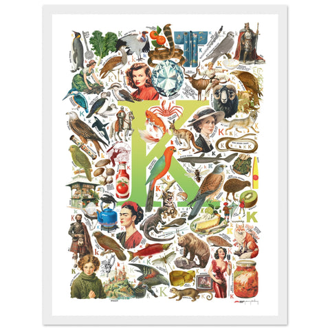 "K is for Keen" — a Renard Roux alphabet poster with English K words (chartreuse version)