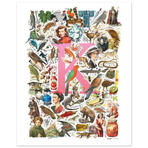 "K is for Keen" — a Renard Roux alphabet poster with English K words (pink version)