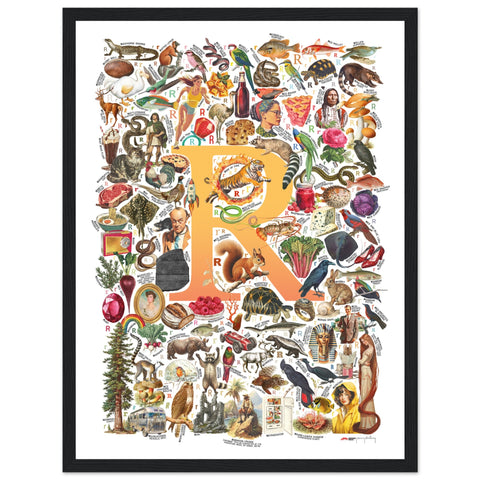 "R is for Remarkable" — a Renard Roux alphabet poster with English R words (yellow version)