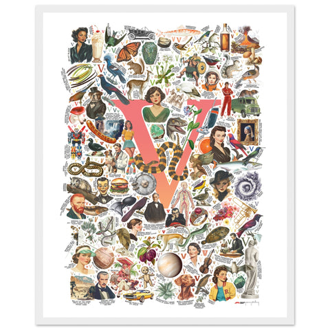 "V is for Voyage" — a Renard Roux alphabet poster with English V words (red version)