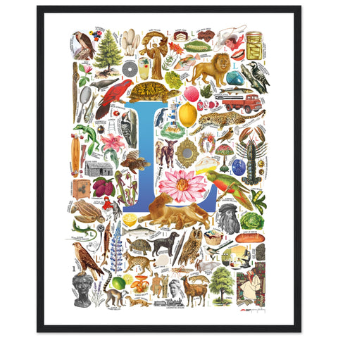 "L is for Learning" — a Renard Roux alphabet poster with English L words (blue version)