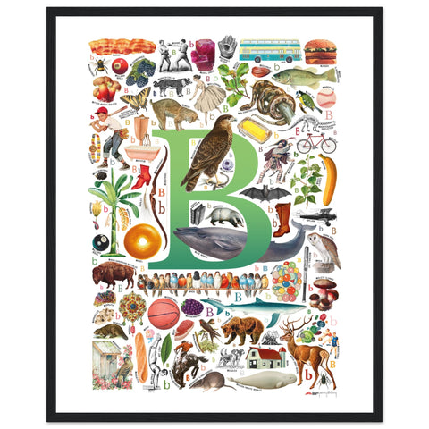"B is for Brave" — a Renard Roux alphabet poster with English B words (green version)
