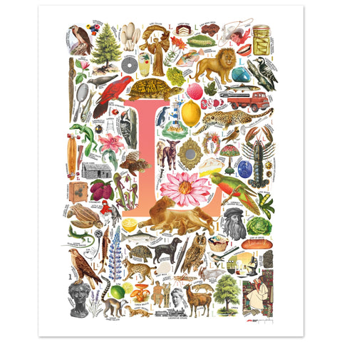 "L is for Learning" — a Renard Roux alphabet poster with English L words (red version)