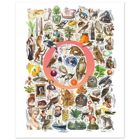 "O is for Original" — a Renard Roux alphabet poster with English O words (red version)