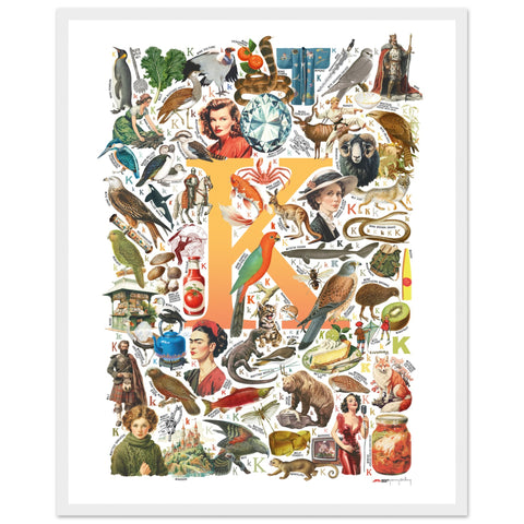 "K is for Keen" — a Renard Roux alphabet poster with English K words (yellow version)