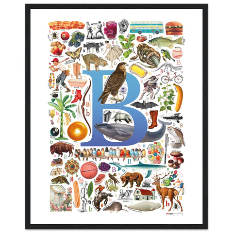 "B is for Brave" — a Renard Roux alphabet poster with English B words (blue version)