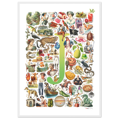 "J is for Journey" — a Renard Roux alphabet poster with English J words (chartreuse version)
