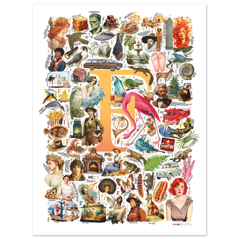 "F is for Festive" — a Renard Roux alphabet poster with English F words (yellow version)
