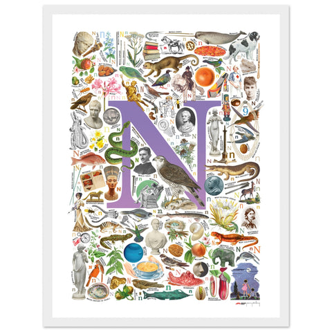 "N is for Nature" — a Renard Roux alphabet poster with English N words (purple version)