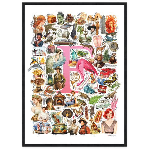 "F is for Festive" — a Renard Roux alphabet poster with English F words (pink version)