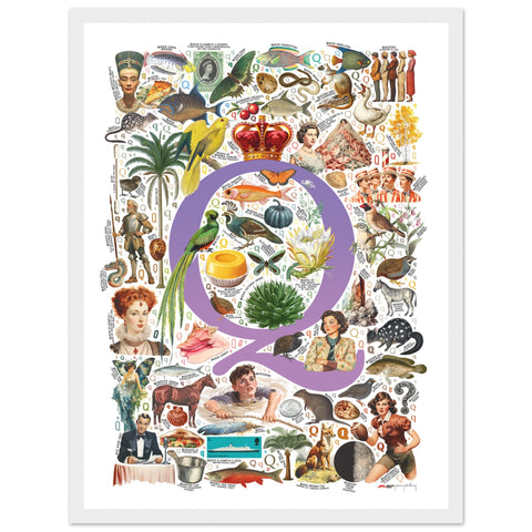 "Q is for Quest" — a Renard Roux alphabet poster with English Q words (purple version)