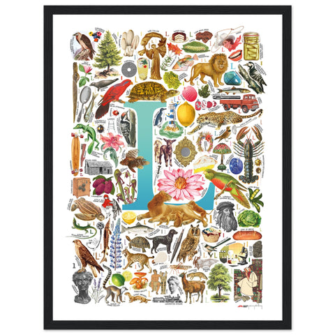 "L is for Learning" — a Renard Roux alphabet poster with English L words (turquoise version)