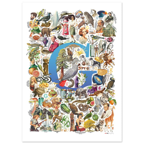 "G is for Great" — a Renard Roux alphabet poster with English G words (blue version)