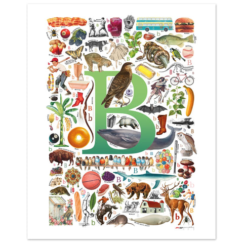 "B is for Brave" — a Renard Roux alphabet poster with English B words (green version)