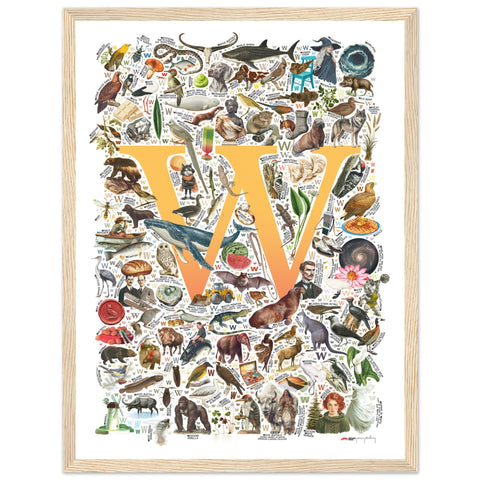 "W is for Wonder" — a Renard Roux alphabet poster with English W words (yellow version)