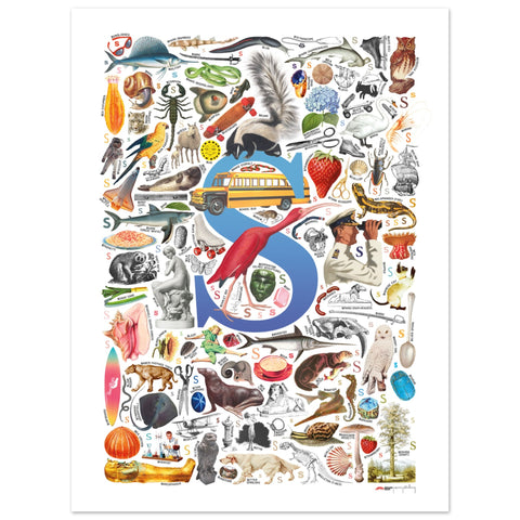 "S is for Surprise" — a Renard Roux alphabet poster with English S words (blue version)