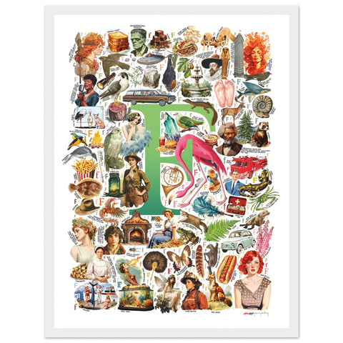 "F is for Festive" — a Renard Roux alphabet poster with English F words (green version)