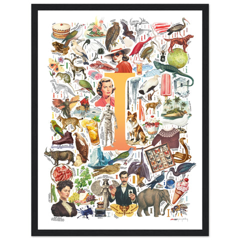 "I is for Imagination" — a Renard Roux alphabet poster with English I words (yellow version)