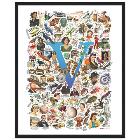 "V is for Voyage" — a Renard Roux alphabet poster with English V words (blue version)