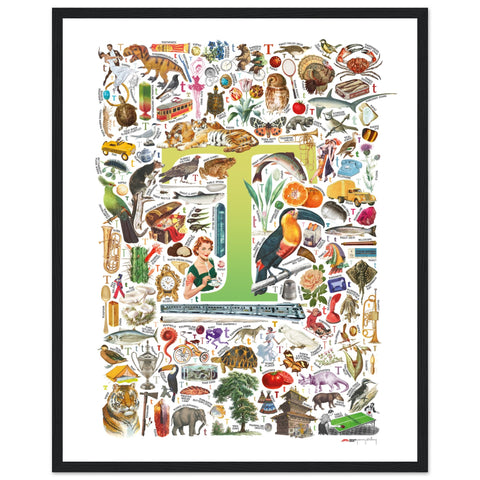 "T is for Treasure" — a Renard Roux alphabet poster with English T words (chartreuse version)