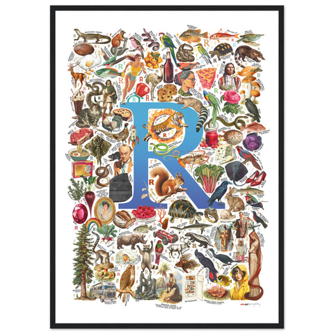 "R is for Remarkable" — a Renard Roux alphabet poster with English R words (blue version)