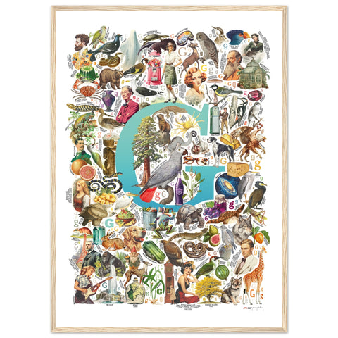 "G is for Great" — a Renard Roux alphabet poster with English G words (turquoise version)