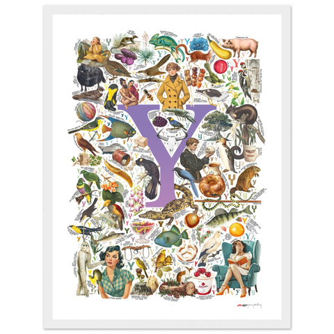 "Y is for Yonder" — a Renard Roux alphabet poster with English Y words (purple version)