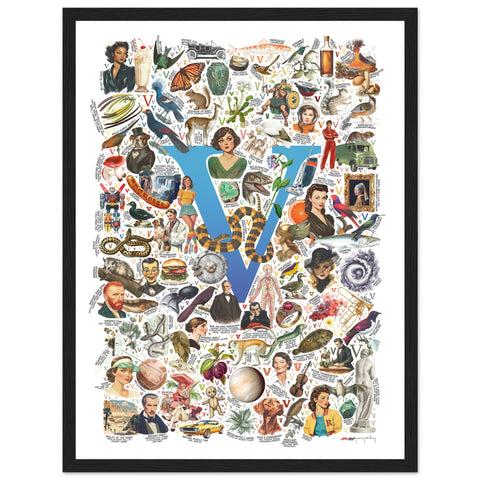 "V is for Voyage" — a Renard Roux alphabet poster with English V words (blue version)