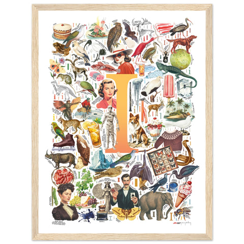 "I is for Imagination" — a Renard Roux alphabet poster with English I words (yellow version)