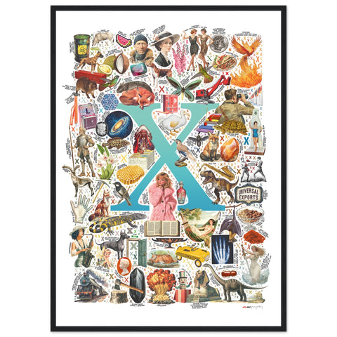 "X is for Xanadu" — a Renard Roux alphabet poster with English X words (turquoise version)